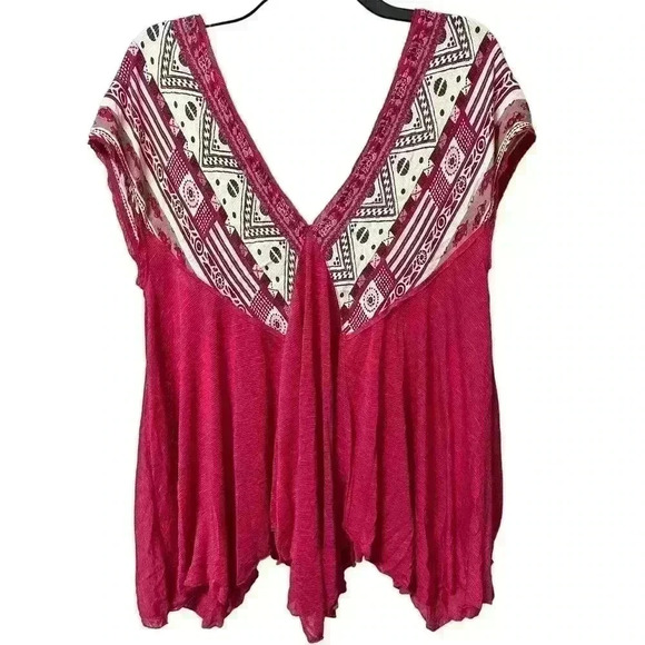 Free People Red Combo Top Women's Small V-Neck Blouse - Picture 3 of 4